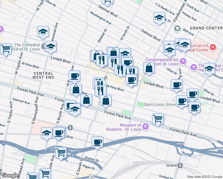 map of restaurants, bars, coffee shops, grocery stores, and more near 4050 West Pine Boulevard in St. Louis