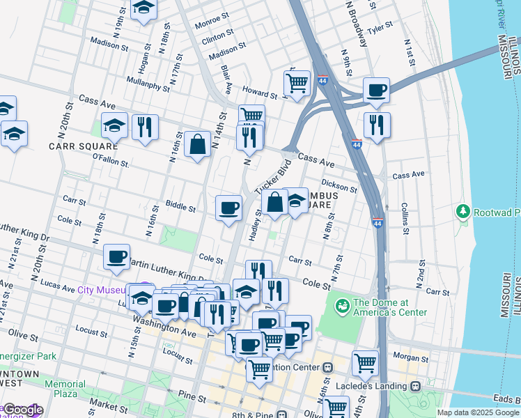 map of restaurants, bars, coffee shops, grocery stores, and more near 1300 North Tucker Boulevard in St. Louis
