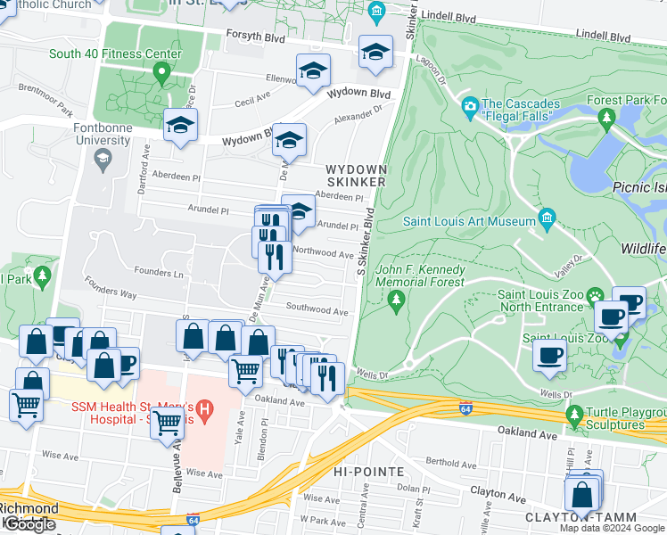 map of restaurants, bars, coffee shops, grocery stores, and more near 6227 Northwood Avenue in St. Louis