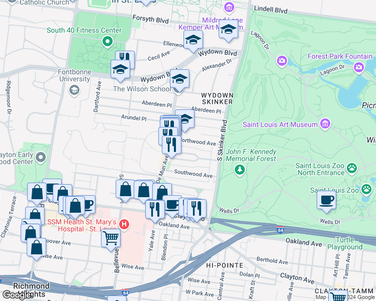 map of restaurants, bars, coffee shops, grocery stores, and more near 6310 Northwood Avenue in Clayton
