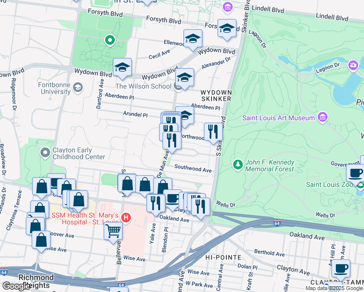 map of restaurants, bars, coffee shops, grocery stores, and more near 6310 Northwood Avenue in Clayton