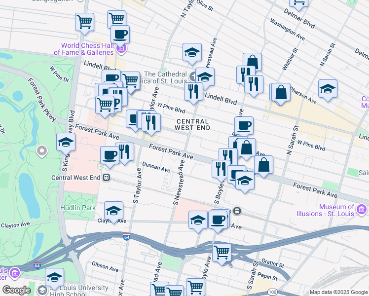 map of restaurants, bars, coffee shops, grocery stores, and more near 4401 Forest Park Avenue in St. Louis