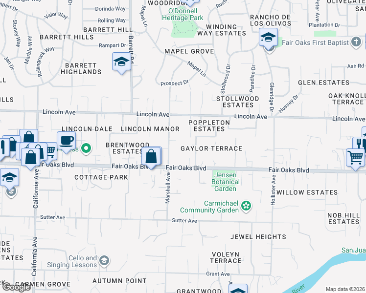 map of restaurants, bars, coffee shops, grocery stores, and more near 8327 Fair Oaks Boulevard in Carmichael