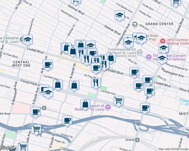 map of restaurants, bars, coffee shops, grocery stores, and more near 3940 West Pine Boulevard in St. Louis