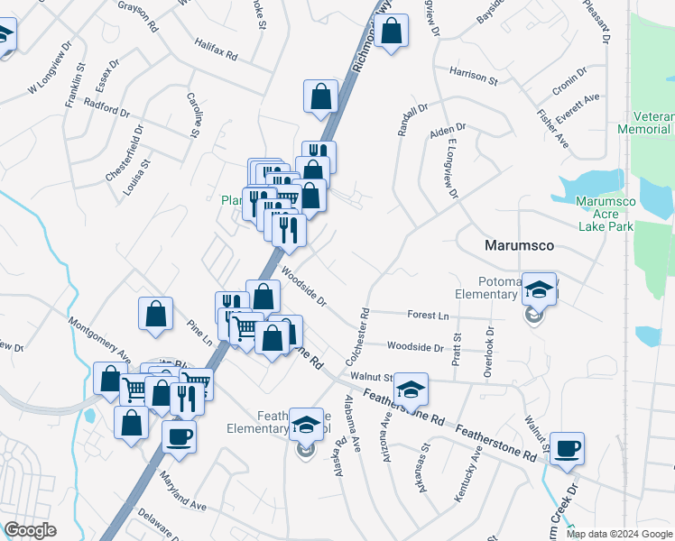 map of restaurants, bars, coffee shops, grocery stores, and more near 1692 Rosedale Court in Woodbridge