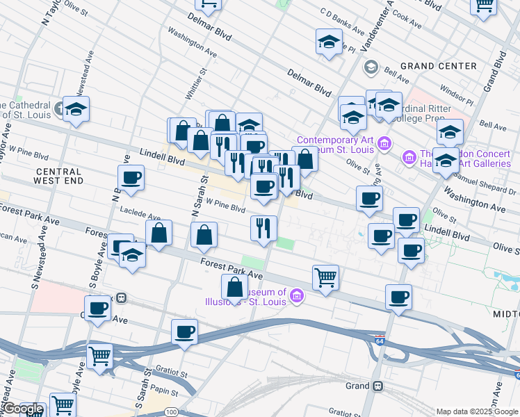 map of restaurants, bars, coffee shops, grocery stores, and more near 3939 West Pine Boulevard in St. Louis