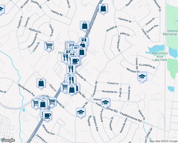 map of restaurants, bars, coffee shops, grocery stores, and more near 1692 Rosedale Court in Woodbridge