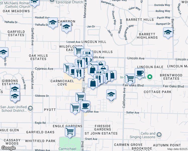 map of restaurants, bars, coffee shops, grocery stores, and more near 4101 Wayside Ln in Carmichael