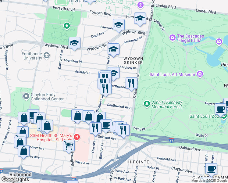 map of restaurants, bars, coffee shops, grocery stores, and more near 6310 Northwood Avenue in Clayton
