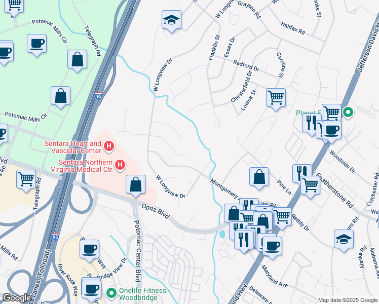 map of restaurants, bars, coffee shops, grocery stores, and more near 2200 Princess Anne Lane in Woodbridge
