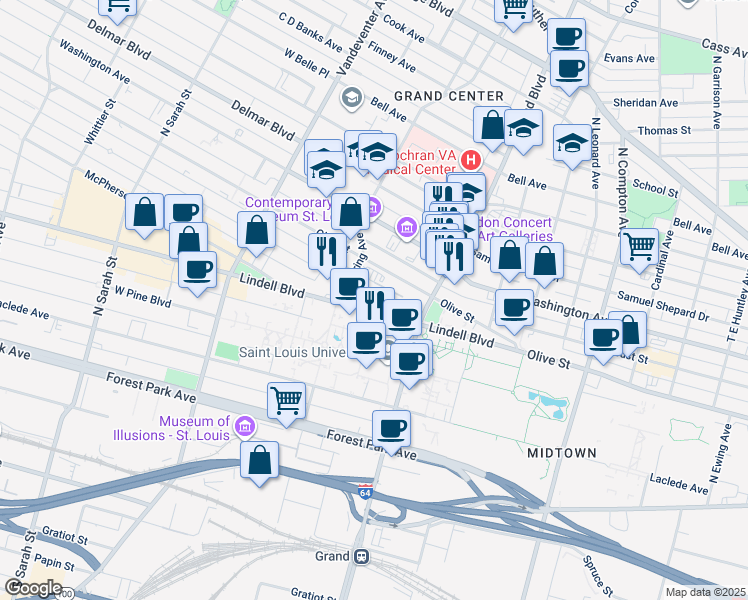 map of restaurants, bars, coffee shops, grocery stores, and more near 3663 Lindell Boulevard in St. Louis