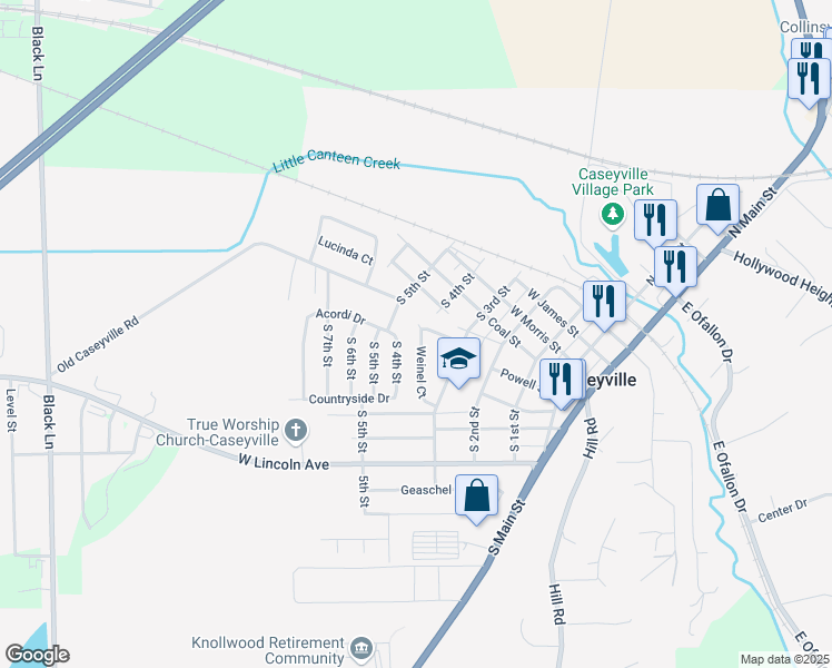 map of restaurants, bars, coffee shops, grocery stores, and more near 2 Weinel Court in Caseyville