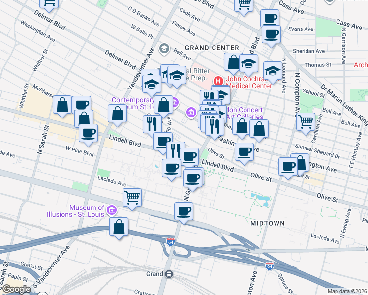 map of restaurants, bars, coffee shops, grocery stores, and more near 3610 Olive Street in St. Louis