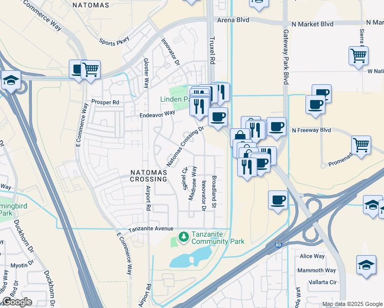 map of restaurants, bars, coffee shops, grocery stores, and more near 2211 Citrine Way in Sacramento