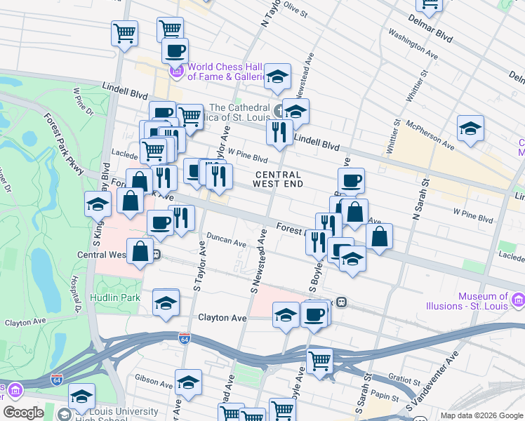map of restaurants, bars, coffee shops, grocery stores, and more near 4425 Forest Park Avenue in St. Louis