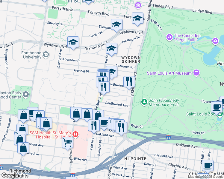 map of restaurants, bars, coffee shops, grocery stores, and more near 6310 Northwood Avenue in Clayton