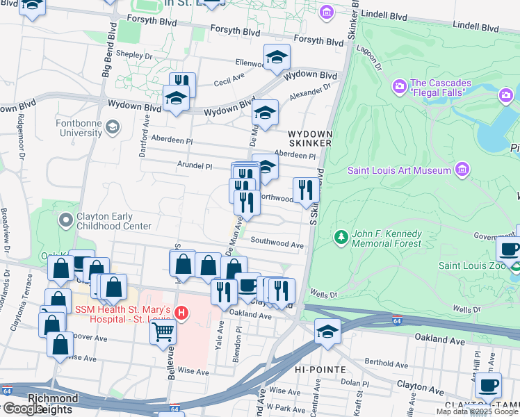map of restaurants, bars, coffee shops, grocery stores, and more near 706 De Mun Avenue in Clayton
