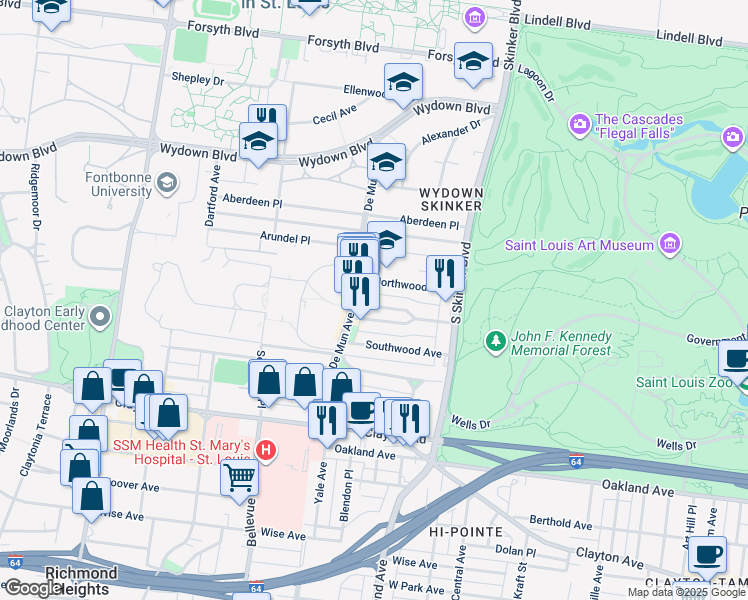 map of restaurants, bars, coffee shops, grocery stores, and more near 706 De Mun Avenue in Clayton