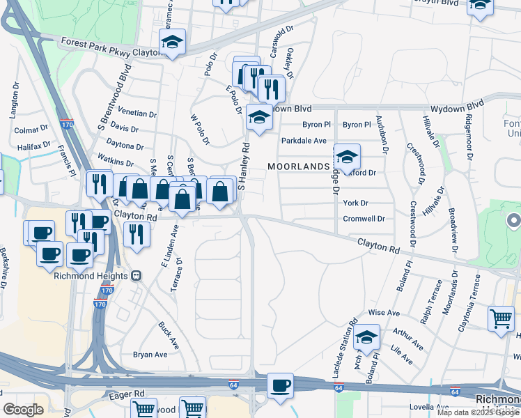 map of restaurants, bars, coffee shops, grocery stores, and more near 900 South Hanley Road in Clayton