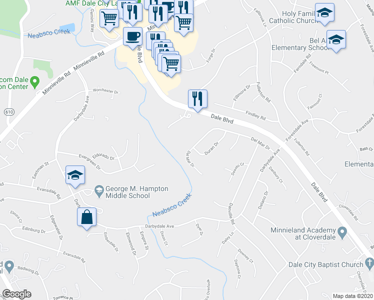 map of restaurants, bars, coffee shops, grocery stores, and more near 14508 Del Mar Drive in Woodbridge