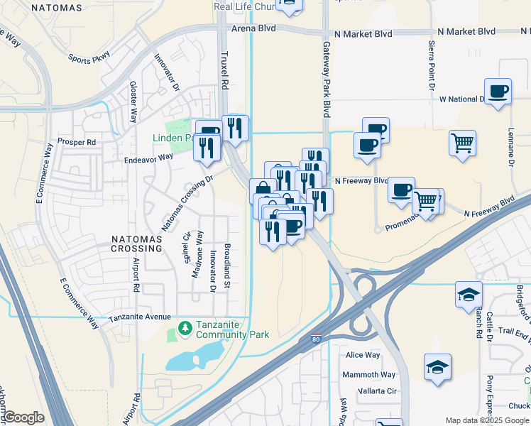 map of restaurants, bars, coffee shops, grocery stores, and more near 3711 Truxel Road in Sacramento