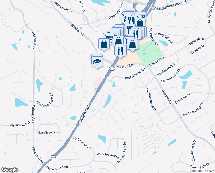map of restaurants, bars, coffee shops, grocery stores, and more near 1880 Clarkson Road in Chesterfield