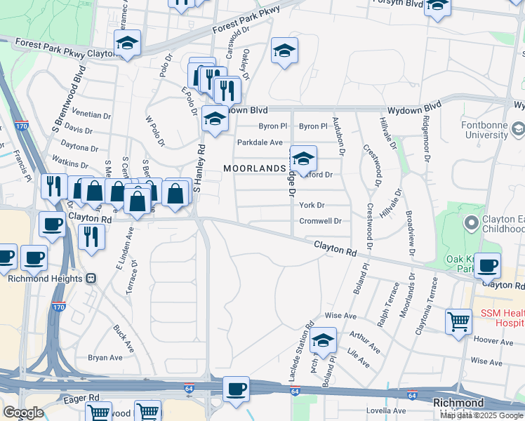 map of restaurants, bars, coffee shops, grocery stores, and more near 7536 York Drive in Clayton