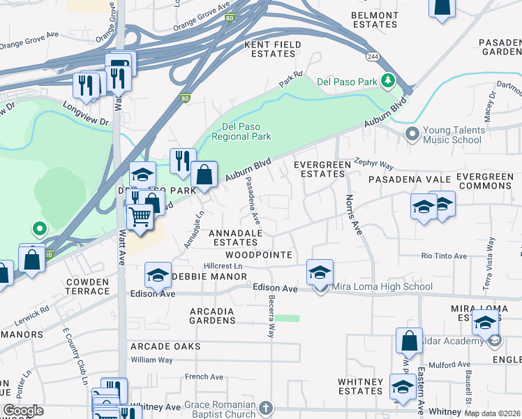 map of restaurants, bars, coffee shops, grocery stores, and more near 3817 Pasadena Avenue in Sacramento