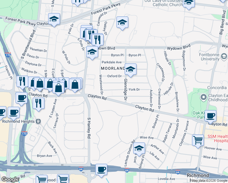 map of restaurants, bars, coffee shops, grocery stores, and more near 7535 York Drive in Clayton