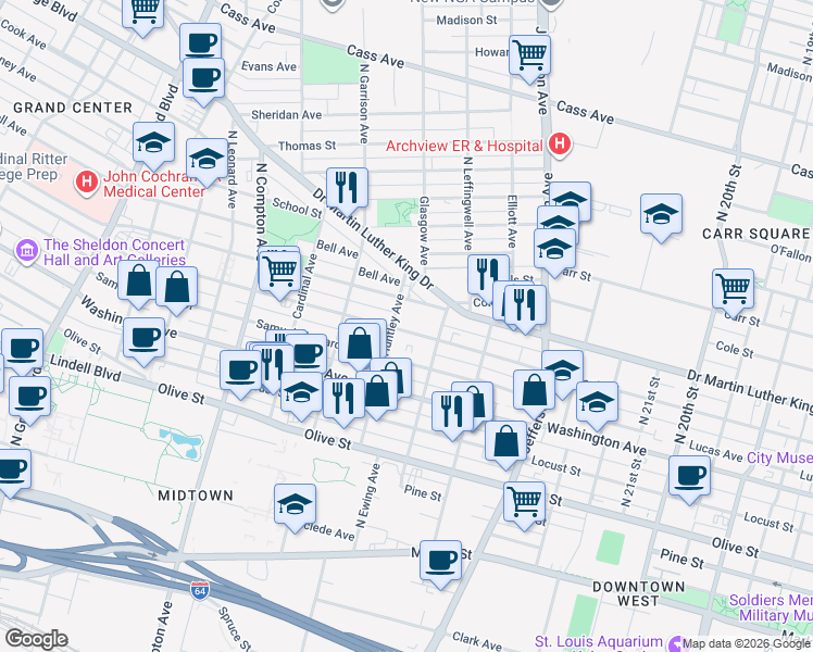 map of restaurants, bars, coffee shops, grocery stores, and more near 2837 Delmar Boulevard in St. Louis