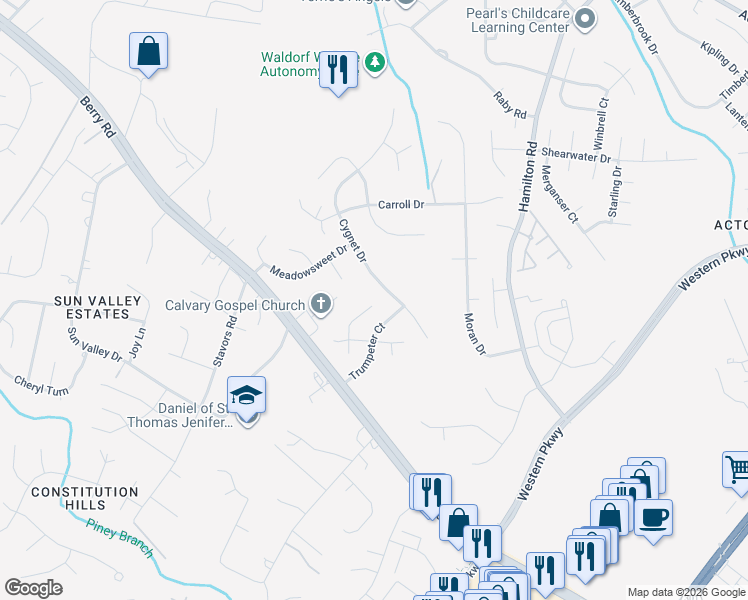 map of restaurants, bars, coffee shops, grocery stores, and more near 2701 Whistling Court in Waldorf