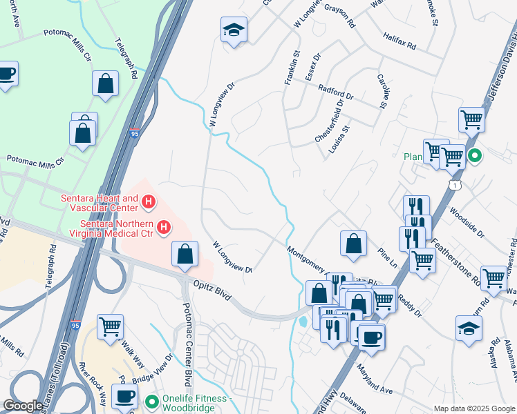 map of restaurants, bars, coffee shops, grocery stores, and more near 2200 Princess Anne Lane in Woodbridge