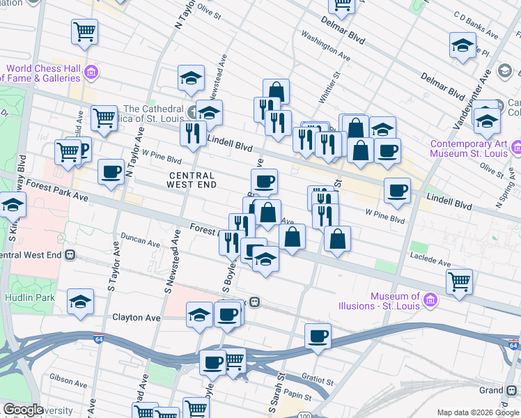 map of restaurants, bars, coffee shops, grocery stores, and more near 4247 Laclede Avenue in St. Louis