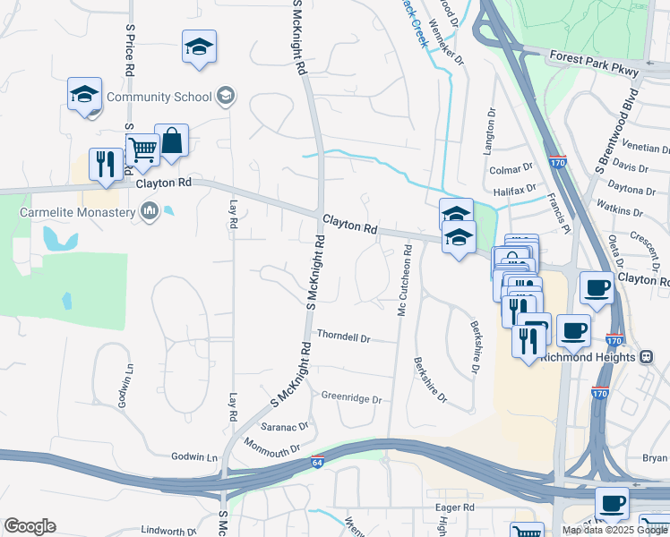 map of restaurants, bars, coffee shops, grocery stores, and more near 1068 McKnight Orchard Lane in Richmond Heights