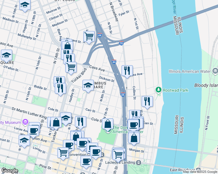 map of restaurants, bars, coffee shops, grocery stores, and more near 1413 North 8th Street in St. Louis
