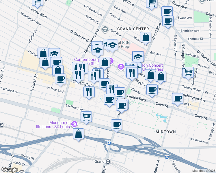 map of restaurants, bars, coffee shops, grocery stores, and more near 3693 Lindell Boulevard in St. Louis