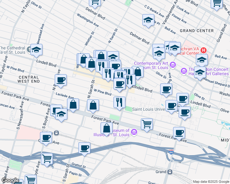 map of restaurants, bars, coffee shops, grocery stores, and more near 3950 Lindell Boulevard in St. Louis