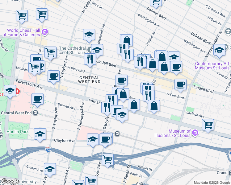 map of restaurants, bars, coffee shops, grocery stores, and more near 4303 Laclede Avenue in St. Louis