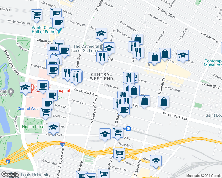 map of restaurants, bars, coffee shops, grocery stores, and more near 4358 Laclede Avenue in St. Louis