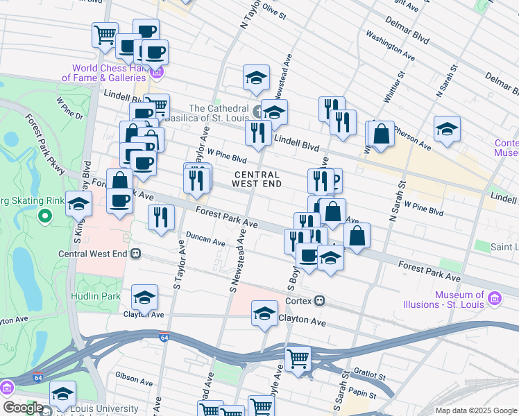 map of restaurants, bars, coffee shops, grocery stores, and more near 4394 Laclede Avenue in St. Louis