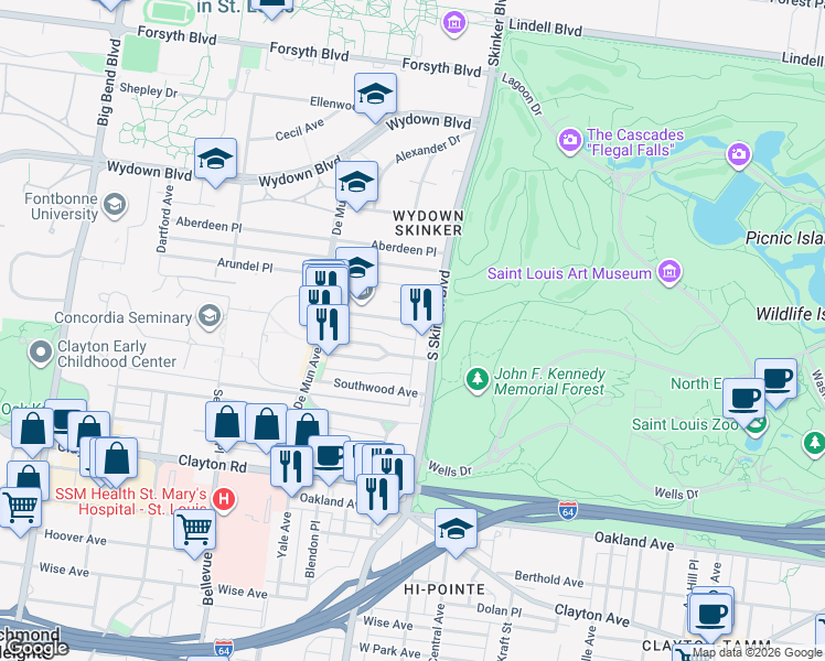map of restaurants, bars, coffee shops, grocery stores, and more near 6227 Northwood Avenue in St. Louis