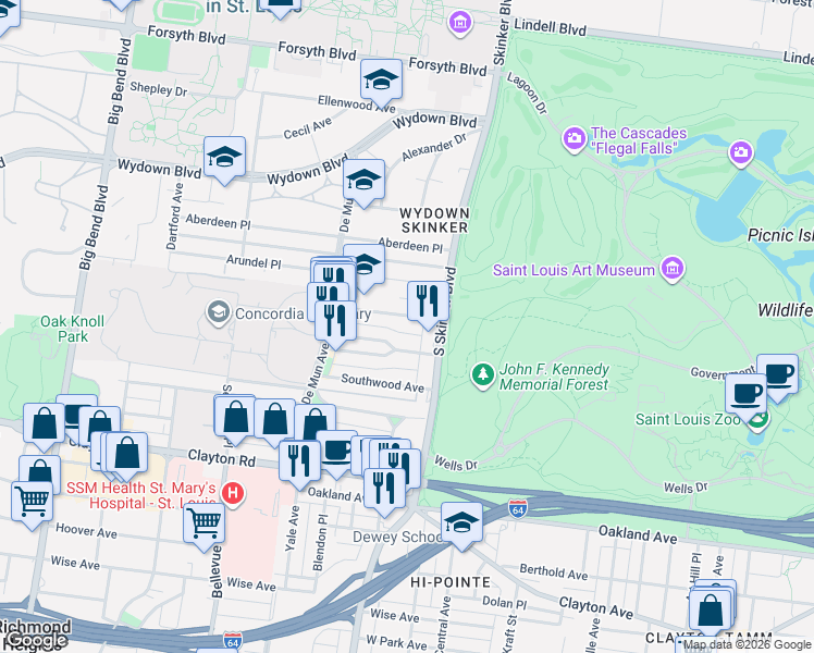 map of restaurants, bars, coffee shops, grocery stores, and more near 6227 Northwood Avenue in St. Louis