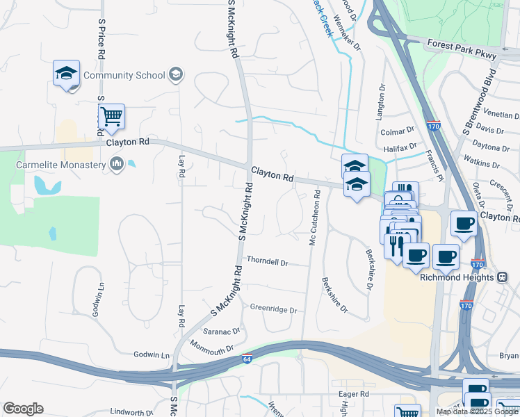 map of restaurants, bars, coffee shops, grocery stores, and more near 1068 McKnight Orchard Lane in Richmond Heights