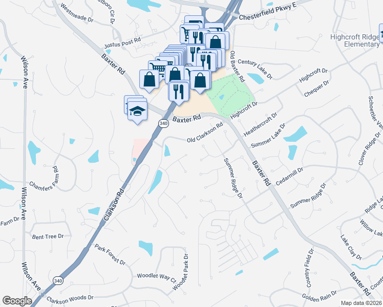 map of restaurants, bars, coffee shops, grocery stores, and more near 15821 Large Oak Road in Chesterfield