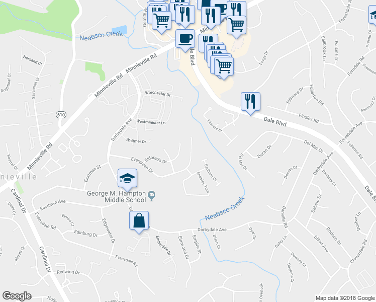 map of restaurants, bars, coffee shops, grocery stores, and more near 4212 Evergreen Drive in Woodbridge