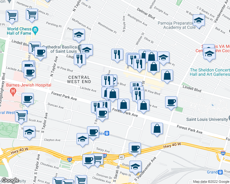 map of restaurants, bars, coffee shops, grocery stores, and more near 4251 Laclede Avenue in St. Louis