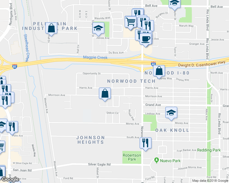 map of restaurants, bars, coffee shops, grocery stores, and more near 230 Harris Avenue in Sacramento