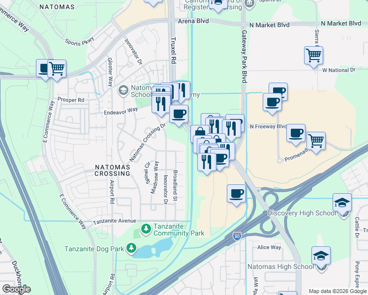 map of restaurants, bars, coffee shops, grocery stores, and more near 2101 Citrine Way in Sacramento
