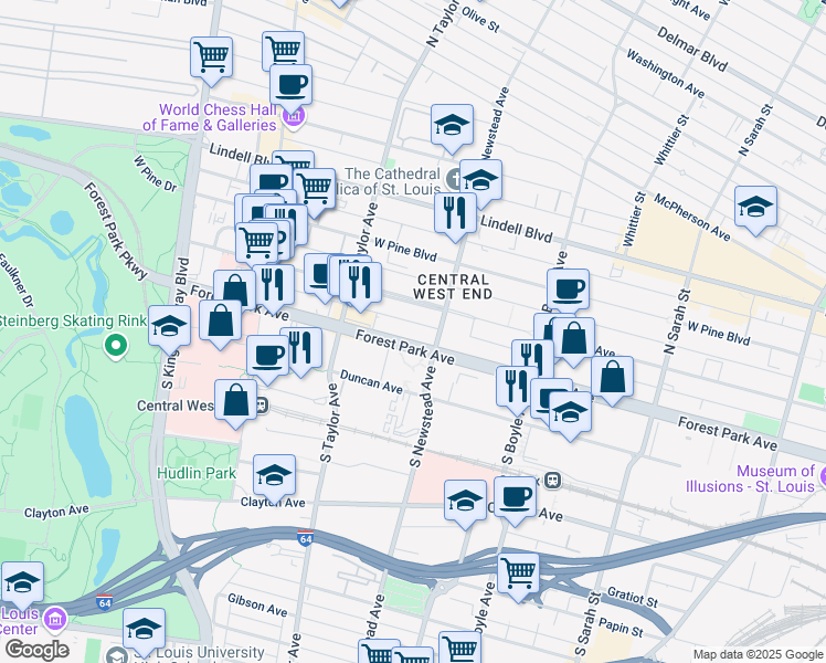 map of restaurants, bars, coffee shops, grocery stores, and more near 4425 Forest Park Avenue in St. Louis