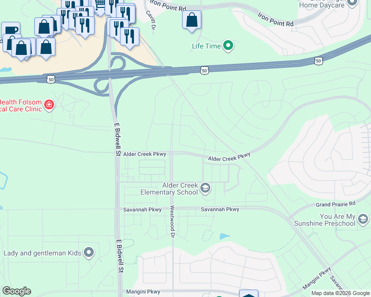map of restaurants, bars, coffee shops, grocery stores, and more near 155 Placerville Road in Folsom
